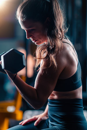 Exercising biceps with dumbbells, a woman trains to strengthen muscles in a supportive gym environment with steady effort.の写真素材