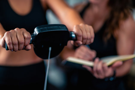 Checking a weight in the gym, a personal fitness trainer tracks fitness progress for a mid-adult female client.の写真素材