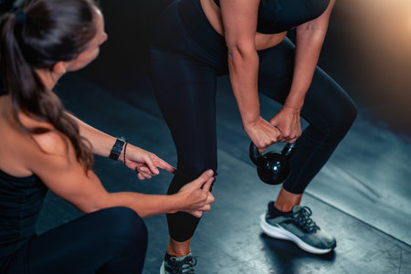 Training with a kettle bell, a mid-adult woman builds strength and endurance in the gym with a personal trainer.の写真素材