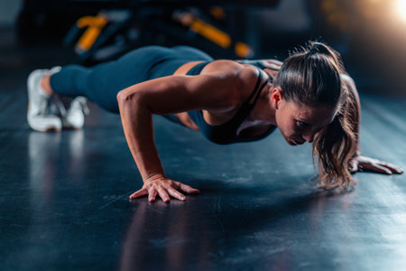 Engaging in push ups in the gym, a woman enhances strength and coordination.