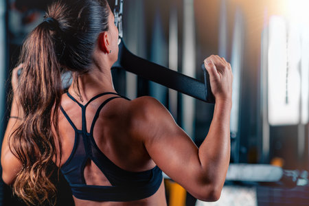 Training on a lat machine in the gym, a woman enhances back muscle strength and coordination. This...