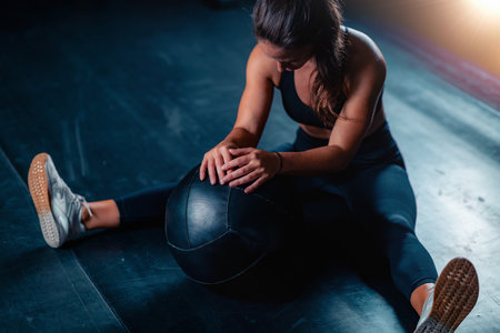 Resting after a gym workout, a woman sitting on a gym floor with a medicine ball. This practice promotes muscle repair and relaxation. This essential downtime supports fitness goals and enhances overall wellbeing effectively.の写真素材
