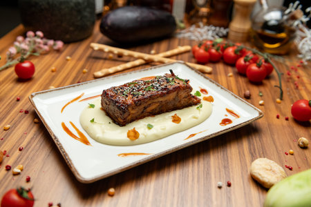 Gourmet roasted pork ribs served on a bed of creamy mashed potatoes, presented on a white plate with sauce garnish, side angle view on a rustic wooden table.の写真素材