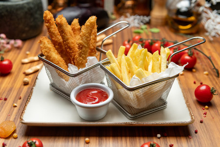 Chicken tenders served with french fries and ketchup in a restaurant setting. Crispy breaded chicken...