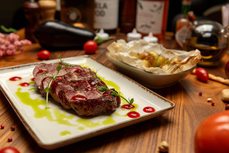 Grilled sliced steak with herb oil and red sauce, served with baked baby potatoes in parchment on a...