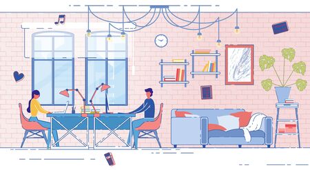 Banner Married Couple Working at Home, Cartoon.のイラスト素材