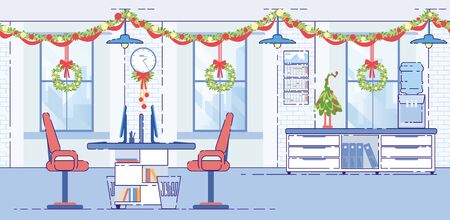 Office Decorated Christmas Garlands Flat Vectorのイラスト素材