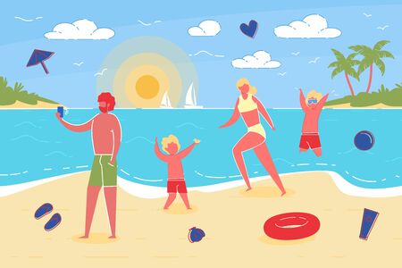 Family with Kids Enjoy Summer Beach Vacation.のイラスト素材