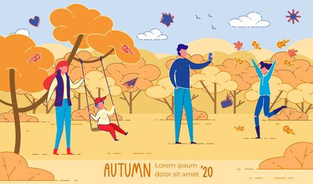 Having Fun in Autumn Park. Happy Family Fall Daysのイラスト素材