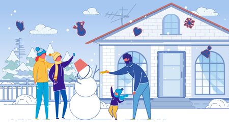 Family, Mother, Father and Children Make Snowman.のイラスト素材