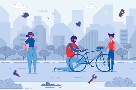 Flat Illustration Dad Repairs Daughters Bike.のイラスト素材