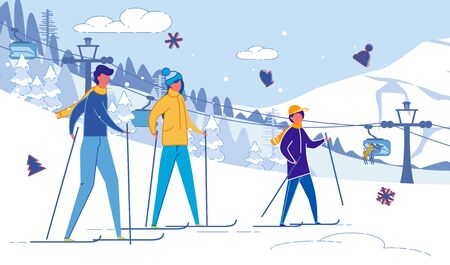 Happy United Family Skiing in Mountains Resort.のイラスト素材