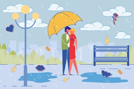 Loving Couple Romantic Date in Rain in City Park.のイラスト素材