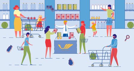 People Purchase Food Products in Supermarket.のイラスト素材