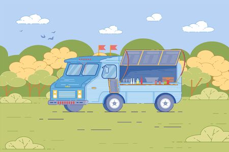 Cartoon Truck at Street Food Festival in Parkのイラスト素材