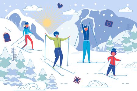 Vector Illustration Family Winter Fun Skiing.のイラスト素材