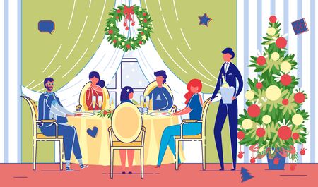 Friends Celebrate Christmas Holiday in Restaurant.のイラスト素材