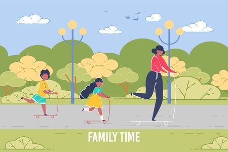 Mother Spends Weekend with Children Riding Scooterのイラスト素材
