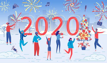 People Celebrate New Year Night in Snowy City Parkのイラスト素材