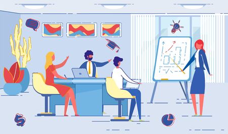 Woman Speaker Presenting Growing Graphs on Board.のイラスト素材