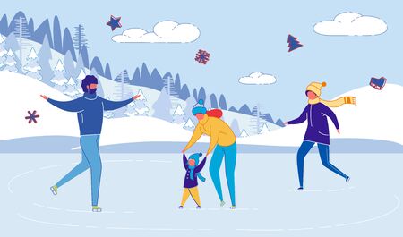 Family Cartoon Characters Skating on Skate Rink.のイラスト素材