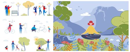 Healthy Outdoor Rest Flat Vector Illustrations Setのイラスト素材