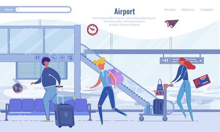 Cartoon People Character Rushing on Flight at Airport. Family with Luggage Travelling. Online Booking Service. Flat Design Landing Page. Couple with Teenager Child. Vector Airlines Illustrationのイラスト素材