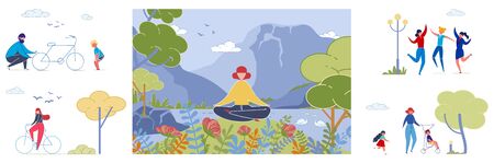 Yoga and Outdoor Rest Vector Illustrations Setのイラスト素材