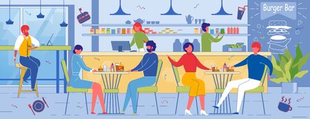 People Enjoy Food and Vacant Time in Burger Bar.のイラスト素材