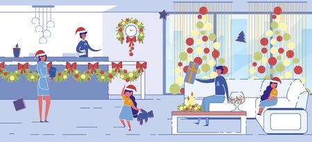 Man with Kids Sitting in Hotel Lobby or Restaurantのイラスト素材