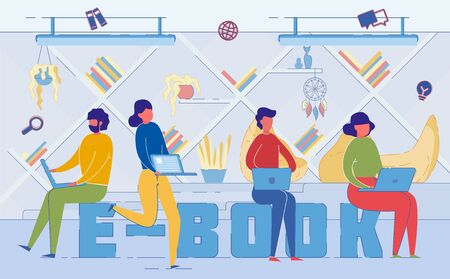 People Reading Modern E Books Word Concept Bannerのイラスト素材
