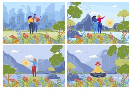 Summer Outdoor Rest Flat Vector Illustrations Setのイラスト素材