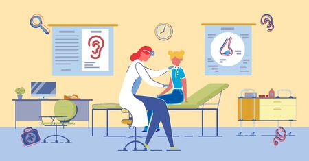 Teenage Girl at Pediatrician or General Practitioner, ENT Specialist Appointment. Children Healthcare and Medical Support with People Characters In Clinic Room Interior. Flat Vector Illustration.のイラスト素材