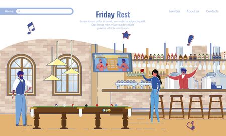 Landing Page Inviting Spend Friday at Cafeteria. People Characters Rest at Last Work Week Day. Office Colleagues Entertainment. Billiards, Booze and Cheerful Atmosphere. Vector Illustrationのイラスト素材