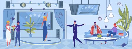 Romantic Scene in Night Club - Man Declares his Love to Attractive Young Woman, Presents Buquet and Giving Attention. St. Valentines Day Celebration and Romance Feeling. Flat Vector Illustration.のイラスト素材