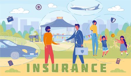 Insurance Company Services Word Concept Banner. Personal and Family Insurance Policy. Real Estate Protection. Automobile and Travel Security Package. Agent, Broker Consultation Promo Posterのイラスト素材