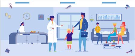 Medical Clinic Interior Background with People Cartoon Characters - Mother and Child at Doctors Appointment. Children Health Care, Medical Assistance and Insurance. Flat Vector Illustration.のイラスト素材