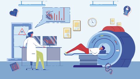 CT Scanner or Magnetic Resonance Imaging Hospital Cabinet with Doctor and Patient Cartoon Characters. Diseases at an Early Stage Diagnosis and Tomographic Body Examination. Flat Vector Illustration.のイラスト素材