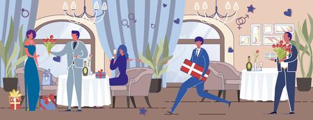 Attractive Woman Celebrates Birthday and Receiving Presents and Attention Signs from Friends and Admirers. People Cartoon Characters in Restaurant Banquet Hall Interior. Flat Vector Illustration.のイラスト素材
