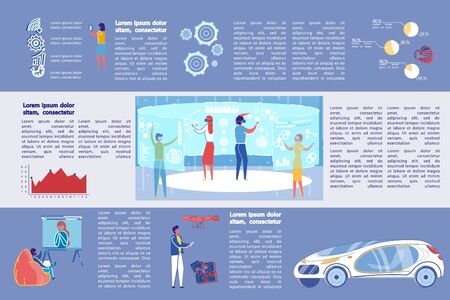Infographics Technologies and Virtual Reality. Men and Women use Virtual Glasses and an Interactive Panel. Guy Sitting Frameless Chair and Watching Movie Screen. Girl Looking at Smartphone.のイラスト素材