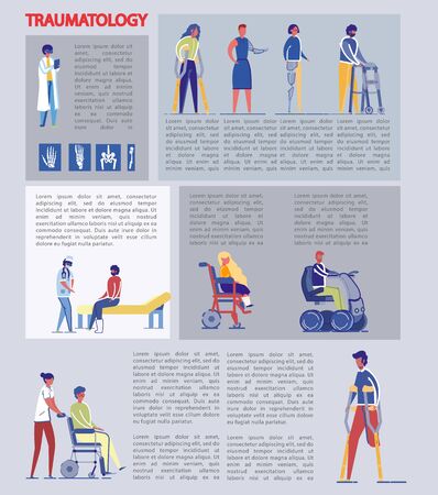 Traumatology Medicine Section Treatment, Banner. Information about People with Congenital Defects Body or Acquired due to Injury, Illness or Accident. Doctor Recommend Regular Examination and Care.のイラスト素材