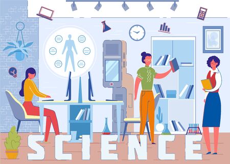 Health Monitoring Science Word Concept Banner. Modern Laboratory Workers Analysing Human Blood Samples, Body Scanning Results Cartoon Characters. Innovative Research Center Expertsのイラスト素材