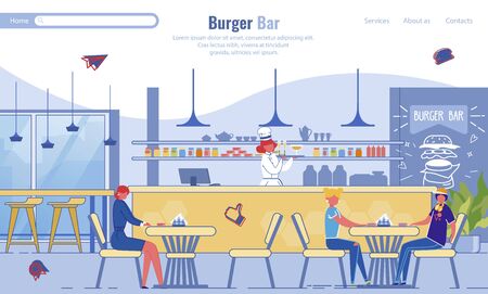 Flat Landing Page Promoting Modern Burger Bar. Fast Food Restaurant, Cafeteria. Cartoon People Eating Snack, Having Dinner or Lunch at Desk. Waitress at Bar Counter. Vector Illustrationのイラスト素材