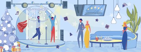 Colleagues or Friends Celebrate Winter Holidays in Restaurant with Live Music and Festive Decoration. Elegant Men and Women Stand near Stage with Performing Artists Cartoon Flat Vector Illustrationのイラスト素材