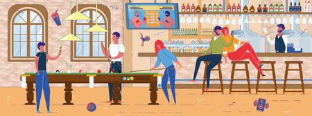 Alcoholic Bar or Pub with Billiards Pool Interior Background. People Characters Playing Game, Communicating and Drinking at Bar Counter. Public Entertainment Facility. Flat Vector Illustration.のイラスト素材