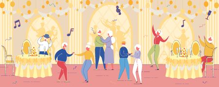 Senior People Having Fun in Restaurant with Live Jazz Music. Elderly Men and Women Dancing, Sitting at Tables with Food, Relaxing on Party or Festive Event Celebration Cartoon Flat Vector Illustrationのイラスト素材