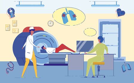 Patient Overgoing MRT Tomography Medical Examination on Modern Equipped Clinic Laboratory Background. Advanced Technology for Internal Organs Scan and Disease Diagnosis. Flat Vector Illustration.のイラスト素材