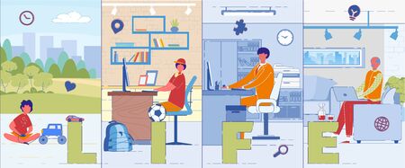 Childhood, Pension Life Cycle Word Concept Banner. Traditional Human Development Periods Idea. Toddler Playing with Toys, Teenagers School and College Life. Adult Building Career. Retiree Pastimeのイラスト素材