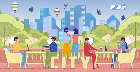 City Lifestyle Recreation Word Concept Banner. Urban Inhabitants, Citizens Enjoying Relaxing Pastime. Friends Eating Pizza. Romantic Couple Having Dinner, Sweethearts Dancing. Open Air Cafe Posterのイラスト素材