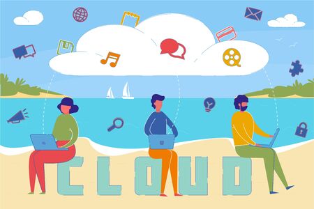 Cloud Technology Benefits Word Concept Banner. Freelancers Working Online, People Using Modern Data Storage System. Users Enjoying Distant Access to Documents. Modern Internet technology Posterのイラスト素材